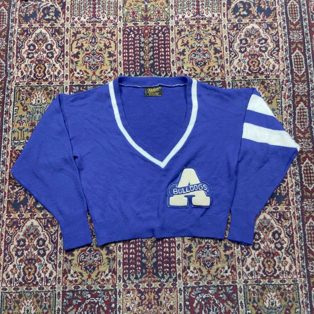 VTG 50s 60s Dehen Bulldogs A Letterman Wide‎ V Neck Striped Varsity Sweater Blue